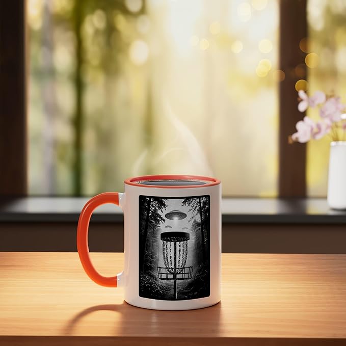 Disc Golf Basket UFO Selfie Funny Alien Wooded Hole Course Ceramic Mug, Orange/White