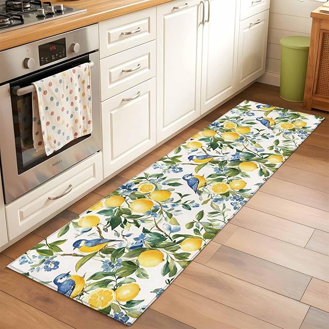 Runner Rug for Bedroom Hallway, Pastoral Vintage Lemon Blue Bird Kitchen Runner Rugs Area Rug 2x6ft, Retro Yellow Fruit Flowers Washable Soft Floor Carpet for Entryway Stair
