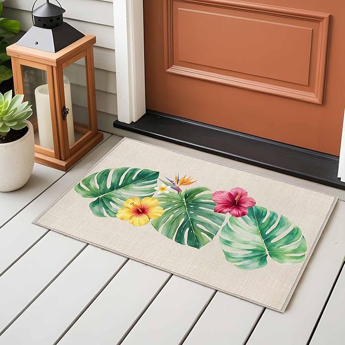 Area Rug 2x3ft, Country Monstera Hibiscus Foliage Washable Rugs for Living Room Bedroom, Tropical Plant Vintage Linen Soft Non-Slip Area Rugs Rectangle Floor Carpet for Dining Room