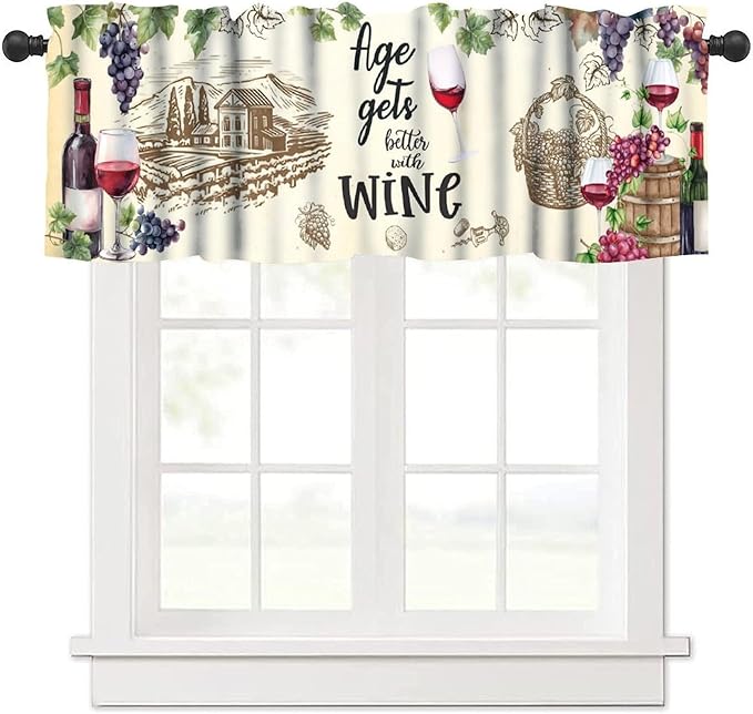 Rustic Wine Kitchen Valance, Vintage Vineyard Grapevine Wineglass Farmhouse Decor Short Window Drapes for Bedroom Living Room Home Bar Decoration, 54x18Inch