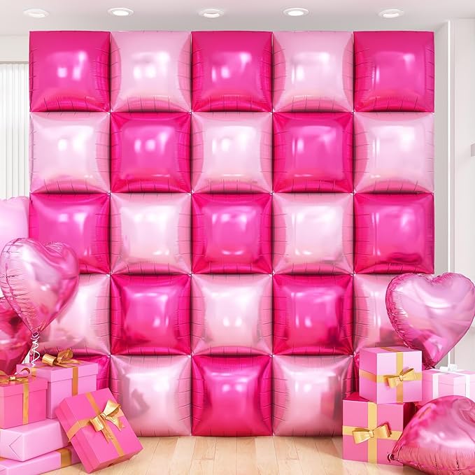 Hot Pink Square Foil Balloon Wall,25Pcs Double Sided Balloons Backdrop Foil Balloon Tunnel Arch Garland Kit for Valentine's Day Birthday Bridal Anniversary Baby Shower Party Decorations