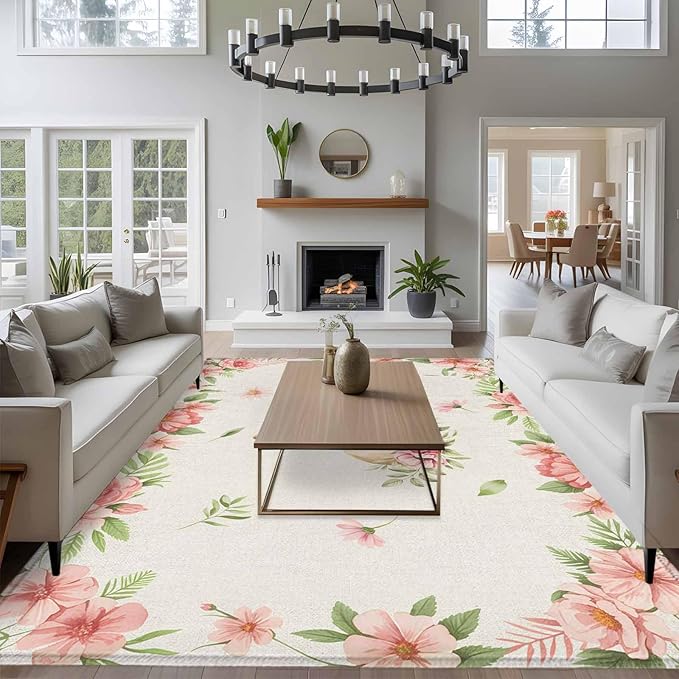 Area Rug 6x9ft, Retro Easter Rabbit on Linen Washable Rugs for Living Room Bedroom, Spring Pastoral Pink Flower Leaf Soft Non-Slip Area Rugs Rectangle Floor Carpet for Dining Room