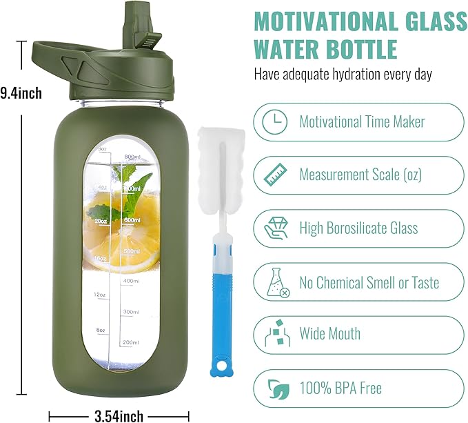 CIVAGO 32 oz Glass Water Bottle with Straw and Handle, Large Sports Motivational Water Bottle Flask with Time Marker, Leakproof Water Jug Canteen with Silicone Sleeve for Gym, Army Green