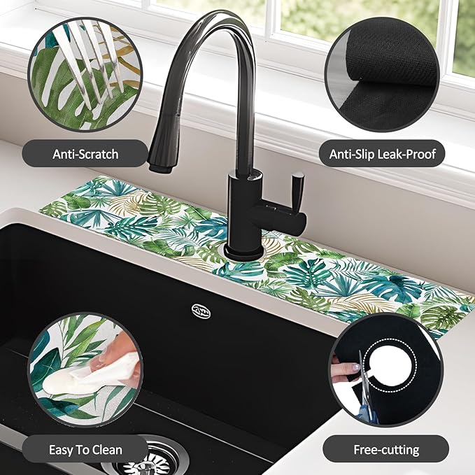 24" X 5.5" Kitchen Sink Splash Guard Faucet Mat Leaf Super Absorbent Fast Drying Faucet Guard & Draining Mat Sink Splash Guard Behind Faucet for Kitchen, Bathroom