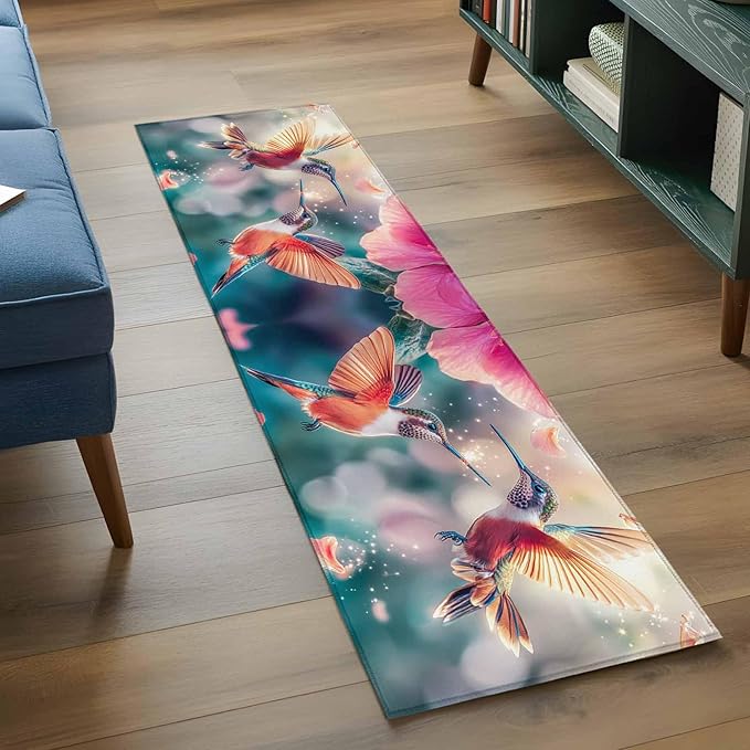 Runner Rug for Bedroom Hallway, Spring Hummingbird Pink Petals Flowers Kitchen Runner Rugs Area Rug 2x6ft, Dreamlike Animal Focus Scenery Washable Soft Floor Carpet for Entryway Stair