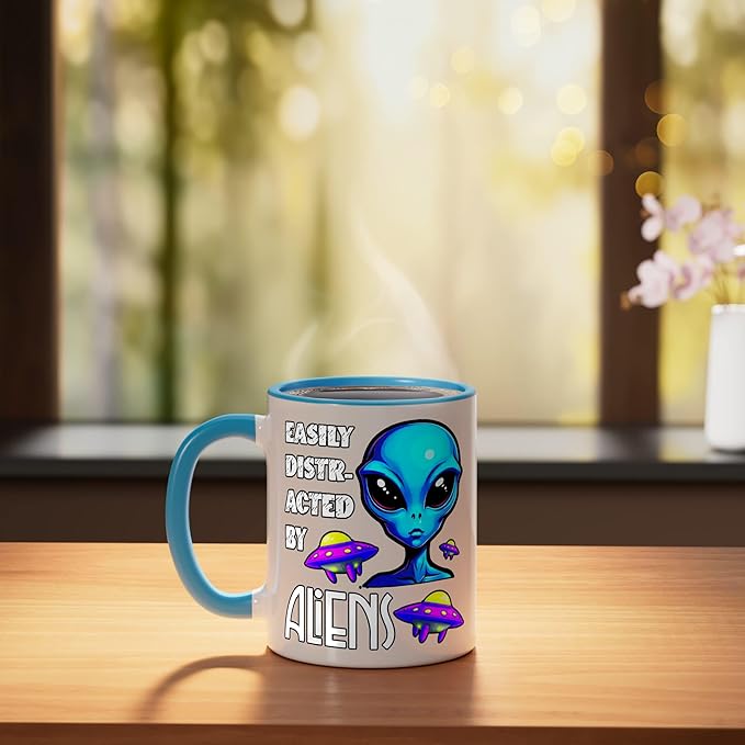Easily Distracted By Aliens Funny Sci Fi Apparel Design Ceramic Mug, Blue/White