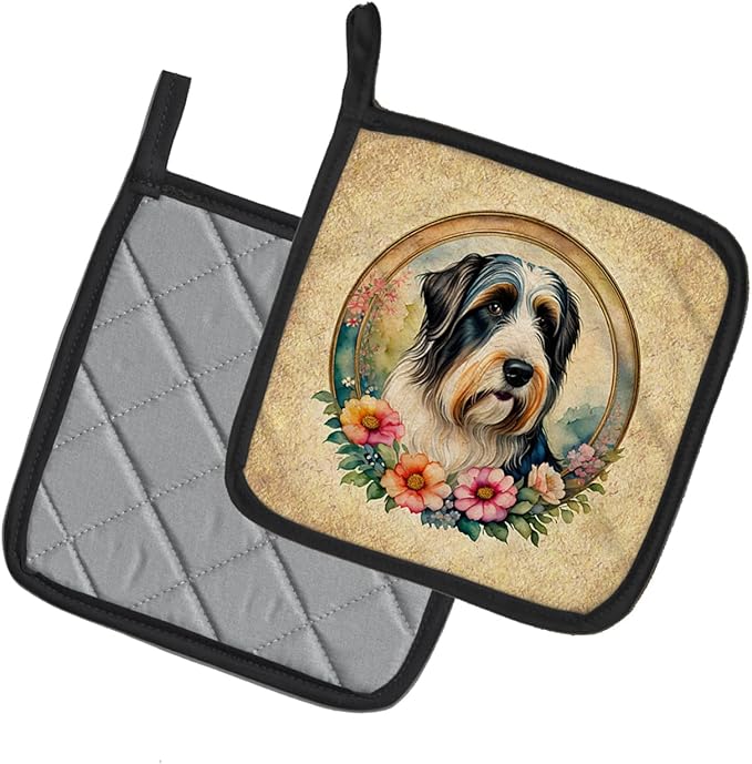Caroline's Treasures Bearded Collie and Flowers Pair of Pot Holders Kitchen Heat Resistant Pot Holders Sets Oven Hot Pads for Cooking Baking BBQ, 7 1/2 x 7 1/2