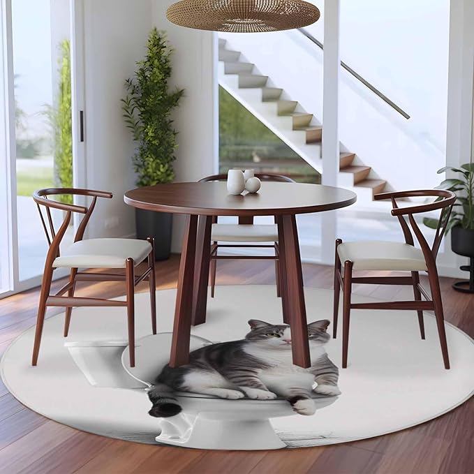 Washable Round Area Rug Cute Funny Cat on The Toilet Circle Rugs Floor Carpet for Living Room Bedroom, Animal Grey Art Soft Non Slip Round Rug 5ft
