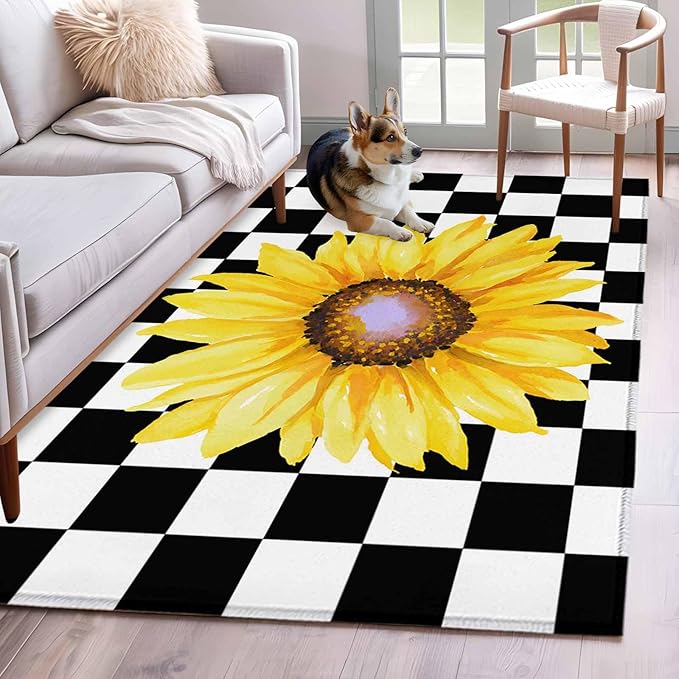 Area Rug 4x6ft, Watercolor Sunflower on Checkered Washable Rugs for Living Room Bedroom, Yellow Black White Soft Non-Slip Area Rugs Rectangle Floor Carpet for Dining Room