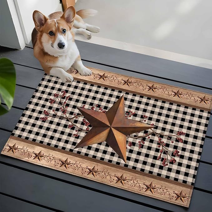 Brown Texas Star Retro 2x3 Door Mat Rug, Country Star Non-Skid Rubber Backing Large Rectangle Rugs - Living Room Bedroom Home Office, Black White Plaid Wooden Indoor Floor Mat Carpets Washable Rug