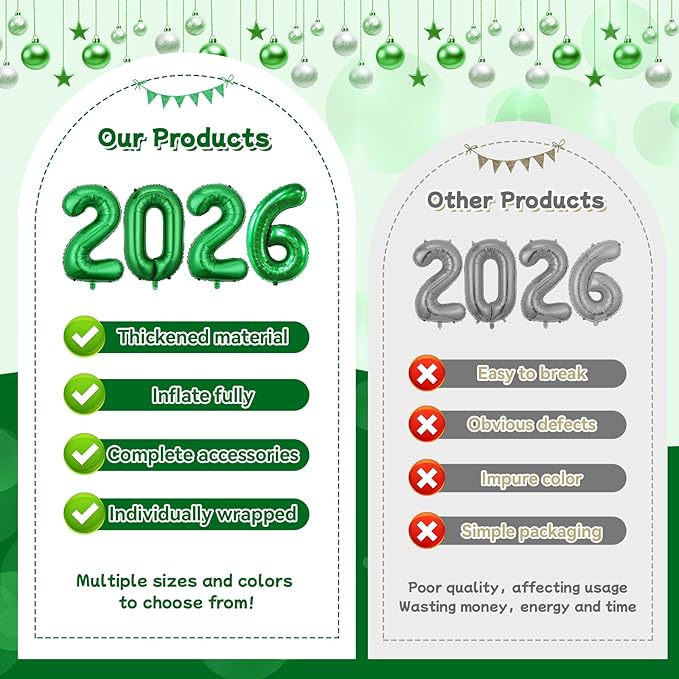 Green 2026 Balloons, 16 Inch Foil 2026 Number Balloons, Grad Balloons for Class of 2026 Graduation Party, Green Matellic Foil New Year Birthday Home Office Party Supplies