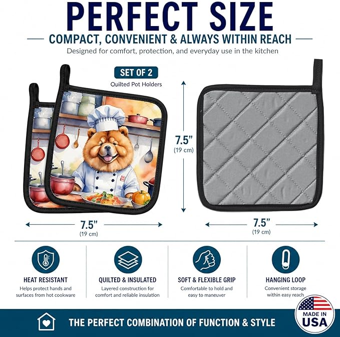 Caroline's Treasures Chow Chow The Chef Pair of Pot Holders Kitchen Heat Resistant Pot Holders Sets Oven Hot Pads for Cooking Baking BBQ, 7 1/2 x 7 1/2