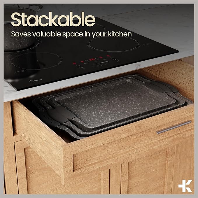 BAKKEN Cookie Sheets for Baking Nonstick Set - 3-Piece Stackable Carbon Steel Baking Sheet Pans Set with Silicone Handles, Non Toxic Cookie Sheets for Baking Bakeware Set - Gray Marble