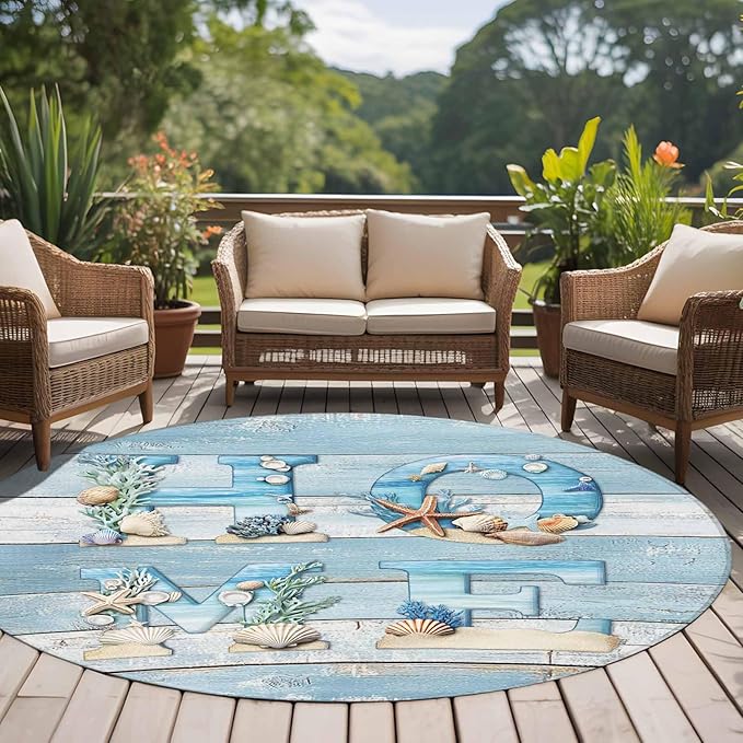 Washable Round Area Rug Summer Ocean Beach Shell Home Quote Circle Rugs Floor Carpet for Living Room Bedroom, Farm Blue Wood Board Soft Non Slip Round Rug 5ft