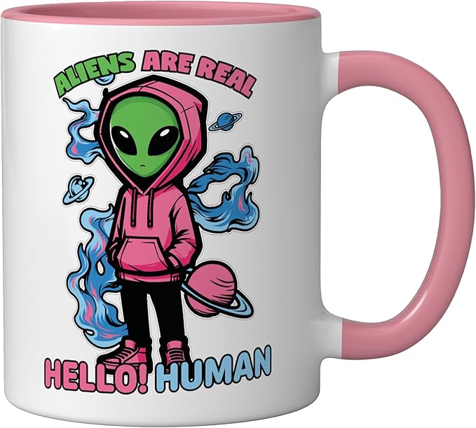 Aliens Are Real UFO Flying Saucer Grey Alien Sci-Fi Art Ceramic Mug, Pink/White