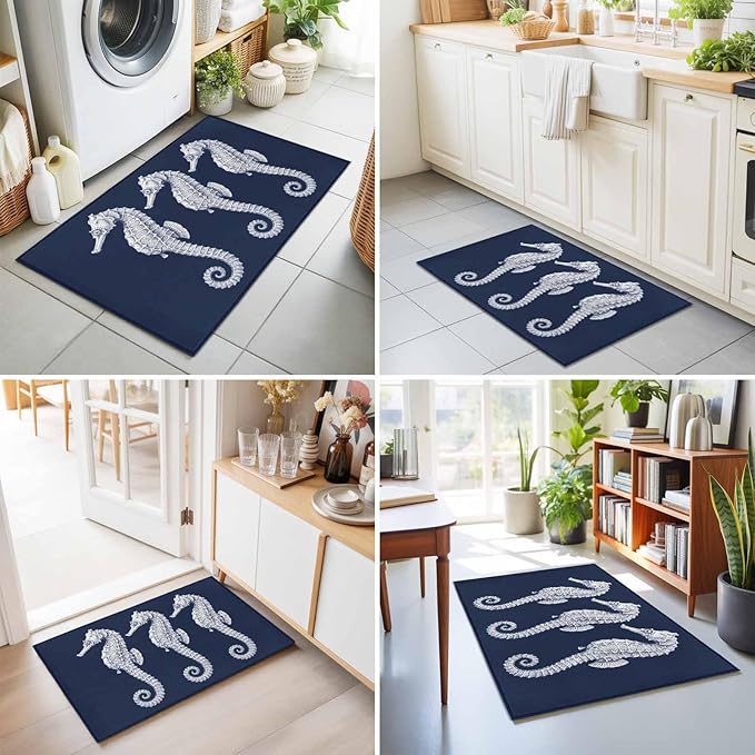 Area Rug 2x3ft, Ocean Life Seahorse Navy Blue Washable Rugs for Living Room Bedroom, Summer Nautical Theme Soft Non-Slip Area Rugs Rectangle Floor Carpet for Dining Room