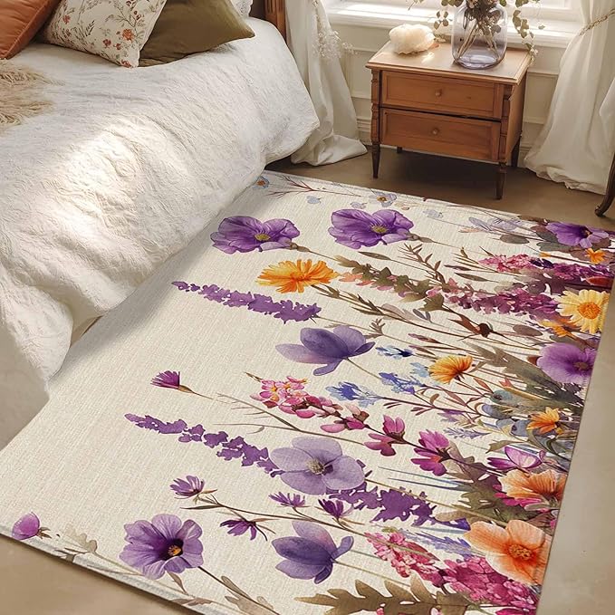 Area Rug 4x6ft, Country Flower Purple Lavender Plant Washable Rugs for Living Room Bedroom, Retro Linen Soft Non-Slip Area Rugs Rectangle Floor Carpet for Dining Room