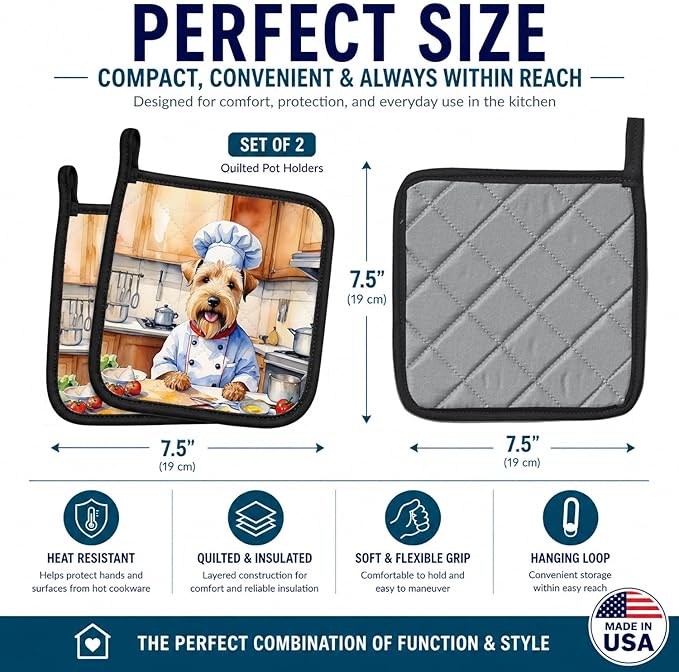Caroline's Treasures Wheaten Terrier The Chef Pair of Pot Holders Kitchen Heat Resistant Pot Holders Sets Oven Hot Pads for Cooking Baking BBQ, 7 1/2 x 7 1/2
