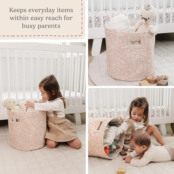 Sorrel + Fern Nursery Storage Basket (Fleurette), Soft Collapsible Fabric Toy Bin, Floral-Inspired Organizer for Playroom or Nursery, Gender-Neutral Decor, 13 × 13 Inches