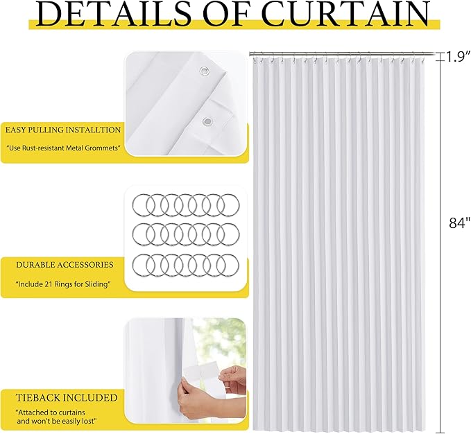 NICETOWN Patio Sliding Door Curtain 100W x 84L, Thermal Pleated Curtain for Sliding Glass Door, Room Divider Privacy Panel with 21 Stainless Rings for Bedroom, Living Room, Pure White, 1 PC