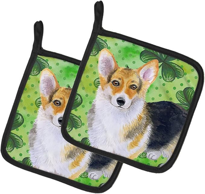 Caroline's Treasures BB9816PTHD Pembroke Corgi St Patrick's Pair of Pot Holders, Green Kitchen Heat Resistant Pot Holders Sets Oven Hot Pads for Cooking Baking BBQ, 7 1/2 x 7 1/2
