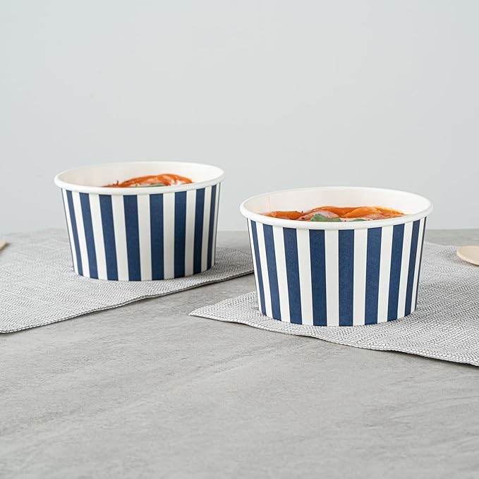 Restaurantware Coppetta 8 Ounce Dessert Cups, 50 Disposable Ice Cream Cups - Lids Sold Separately, Sturdy, Blue And White Paper FroYo Bowls, Striped, For Hot And Cold Foods, Perfect For Gelato