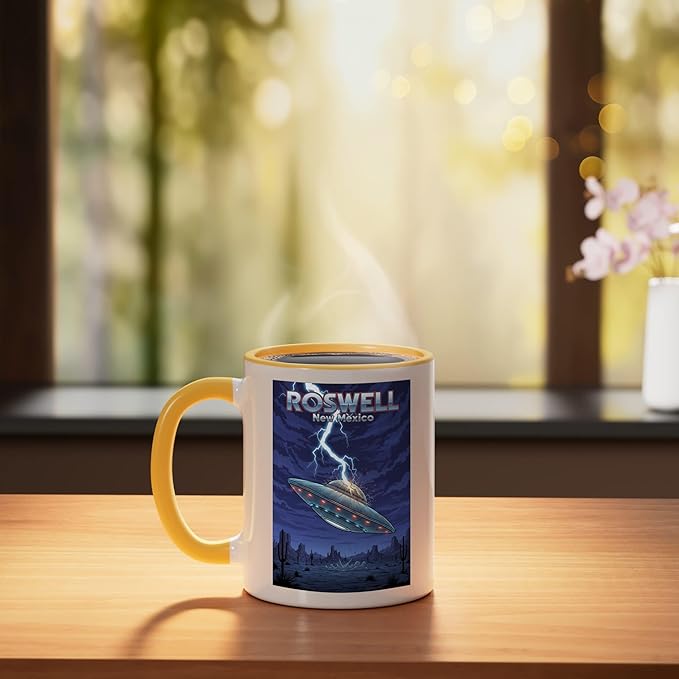 Roswell UFO Flying Saucer New Mexico Souvenir Lightning Ceramic Mug, Yellow/White