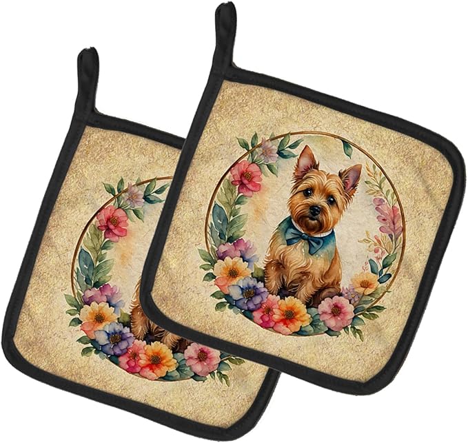 Caroline's Treasures Norwich Terrier and Flowers Pair of Pot Holders Kitchen Heat Resistant Pot Holders Sets Oven Hot Pads for Cooking Baking BBQ, 7 1/2 x 7 1/2