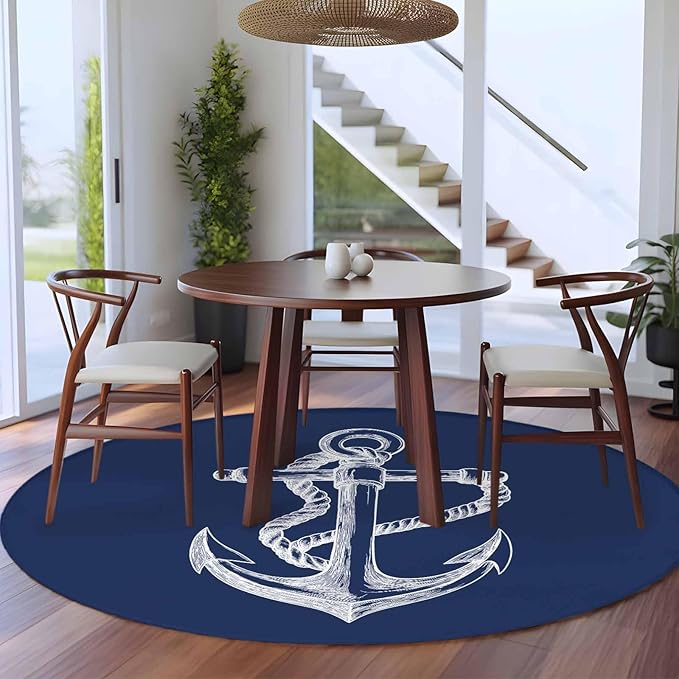 Washable Round Area Rug Marine Theme Anchor String Sketch Circle Rugs Floor Carpet for Living Room Bedroom, Watercolor Nautical Theme Soft Non Slip Round Rug 5ft