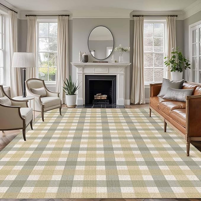 Area Rug 8x10ft, Farmhouse Vintage Beige Tan Buffalo Plaid Washable Rugs for Living Room Bedroom, Rustic Linen Soft Non-Slip Area Rugs Rectangle Floor Carpet for Dining Room