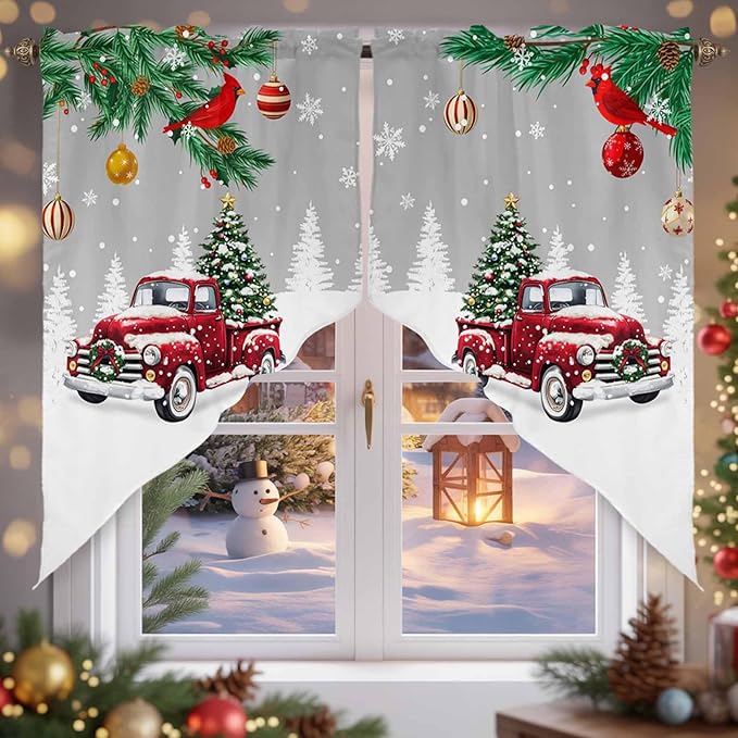 Red Christmas Truck Swag Valance Curains Winter Car with Xmas Tree Leaf Bird Grey Rod Pocket Kitchen Curtains Scalloped Window Treatment Valances Swag for Living Room Bedroom, 1 Pair, 36" W x 36" L