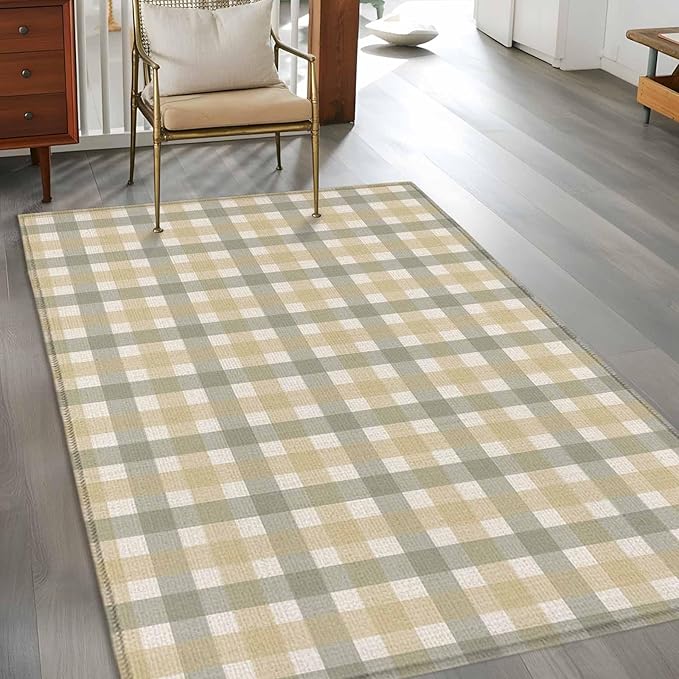 Area Rug 4x6ft, Farmhouse Vintage Beige Tan Buffalo Plaid Washable Rugs for Living Room Bedroom, Rustic Linen Soft Non-Slip Area Rugs Rectangle Floor Carpet for Dining Room