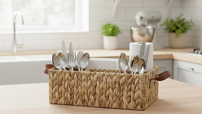Storage Basket - Water Hyacinth Shelf Basket, Baskets for Organizing, Wicker Diaper Caddy, Decorative Baskets, Baskets for Gifts, Wipes, Home, office (15.75" x 11.03" x 5.52")