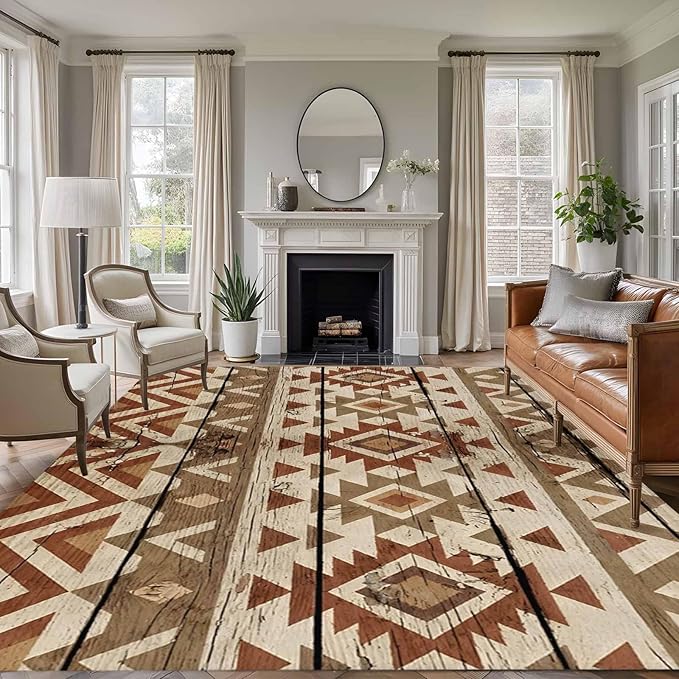 Area Rug 9x12ft, Rustic Aztec Style Pattern Washable Rugs for Living Room Bedroom Rectangle Floor Carpet, Southwestern Geometric Art Soft Non-Slip Area Rugs for Dining Room
