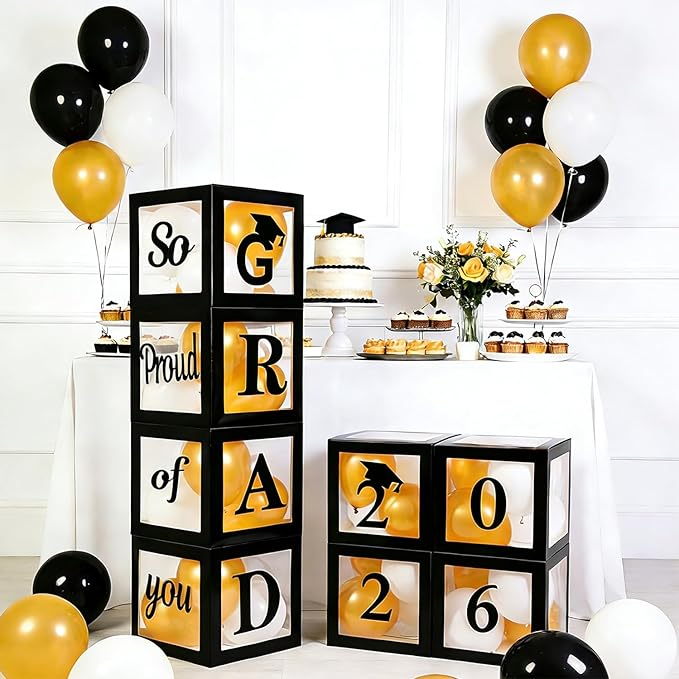 Graduation Decorations 2026 Set of 4 Boxes with 20pcs Balloons and Letters 2026 GRAD So Proud of You - Class of 2026 Party Supplies for High School & College Celebrations