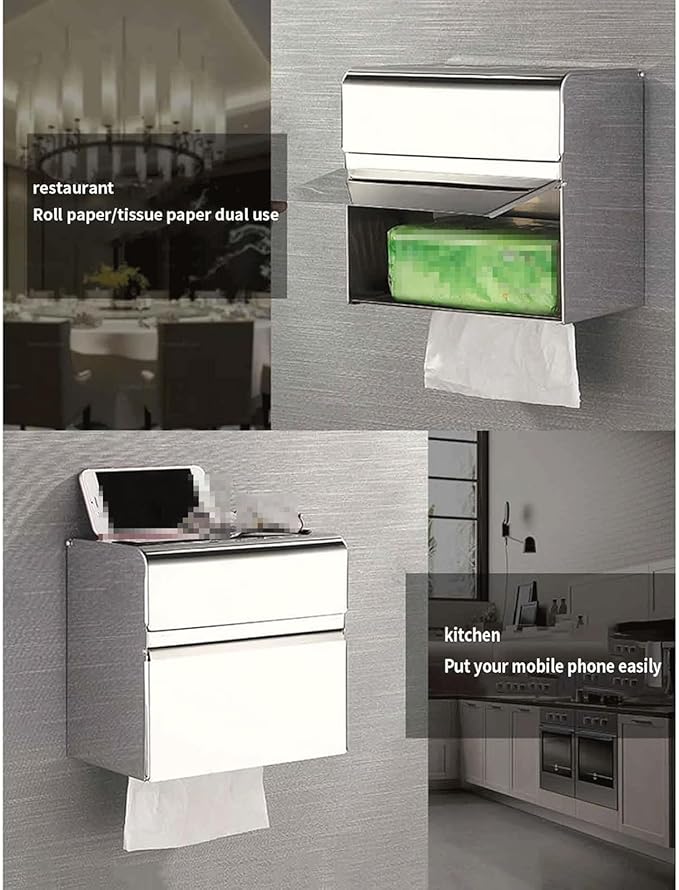 Commercial Stainless Steel Paper Towel Dispenser Wall Mount Napkin Hand Towel Dispenser with Storage Double-Layer Toilet Tissue Holder for Kitchen Bathroom Restroom