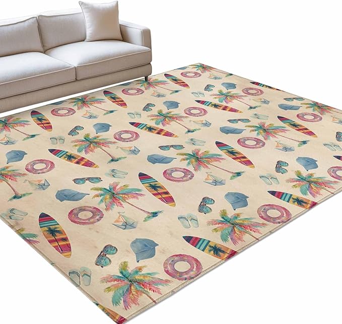 Area Rug 4x6ft, Summer Surfboard Coconut Tree Washable Rugs for Living Room Bedroom, Coastal Vintage Plants Soft Non-Slip Area Rugs Rectangle Floor Carpet for Dining Room