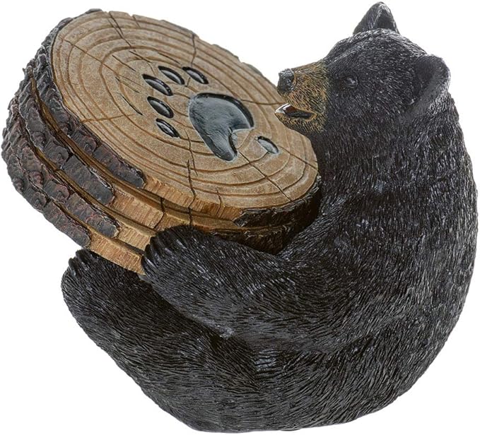 Black Bear Drink Coaster Set of 5 with Rubber Pad Base - Cool Rustic Home Table Beer and Beverage Coaster with Holder