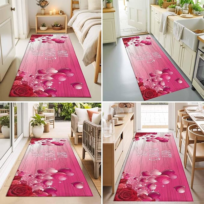 Runner Rug for Bedroom Hallway, Mother's Day Love Balloon Rose Kitchen Runner Rugs Area Rug 2x6ft, Gradient Pink Wood Grain Washable Soft Floor Carpet for Entryway Stair