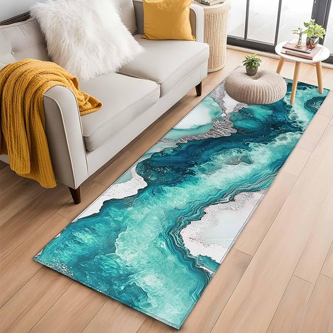 Runner Rug for Bedroom Hallway, Abstract Blue Marble Texture Kitchen Runner Rugs Area Rug 2x6ft, Modern Luxury Pattern Washable Soft Floor Carpet for Entryway Stair