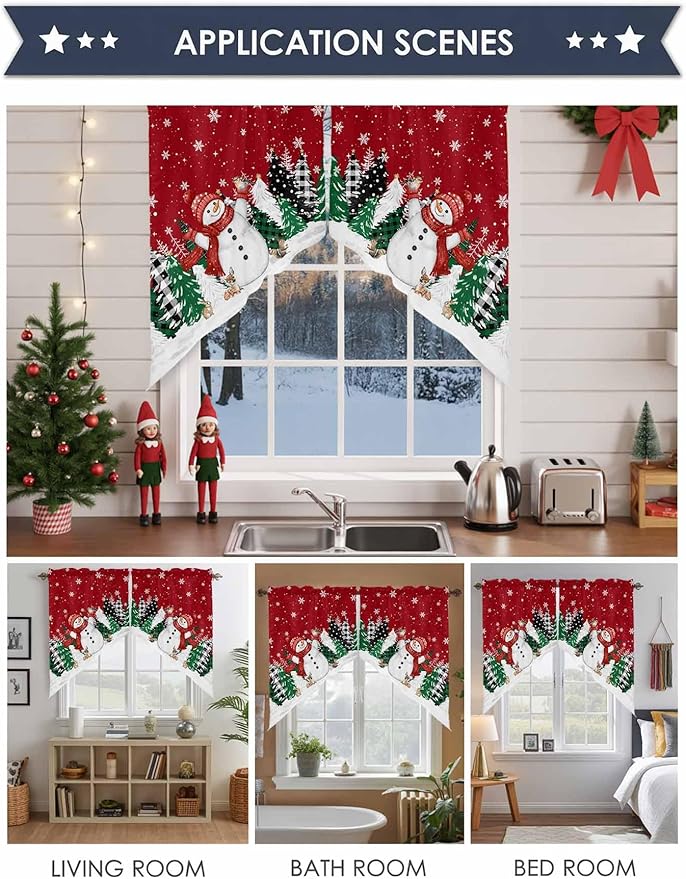 Christmas Snowman Swag Valance Curains Winter Xmas Tree Snowflakes Black Plaid Rod Pocket Kitchen Curtains Scalloped Window Treatment Valances Swag for Living Room Bedroom, 1 Pair, 36"W x 45"L