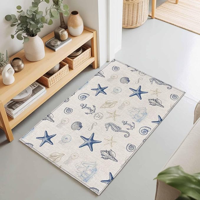 Area Rug 2x3ft, Coastal Seahorse Starfish Shell Conch Washable Rugs for Living Room Bedroom, Vintage Nautical Anchor Soft Non-Slip Area Rugs Rectangle Floor Carpet for Dining Room