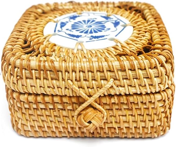 Rattan Box with Lid: Blue-and-White Porcelain Decorative Rattan Storage Box, Hand-Woven Wicker Storage Basket with Lid, for Sundries Tea Case Picnic Food Containers (Square 2, 4.33in*4.33in* 2.36in)