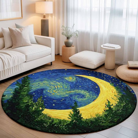 Washable Round Area Rug Giant Moon Forest Expressionist Art Circle Rugs Floor Carpet for Living Room Bedroom, Dreamy Night Navy Blue Soft Non Slip Round Rug 3ft