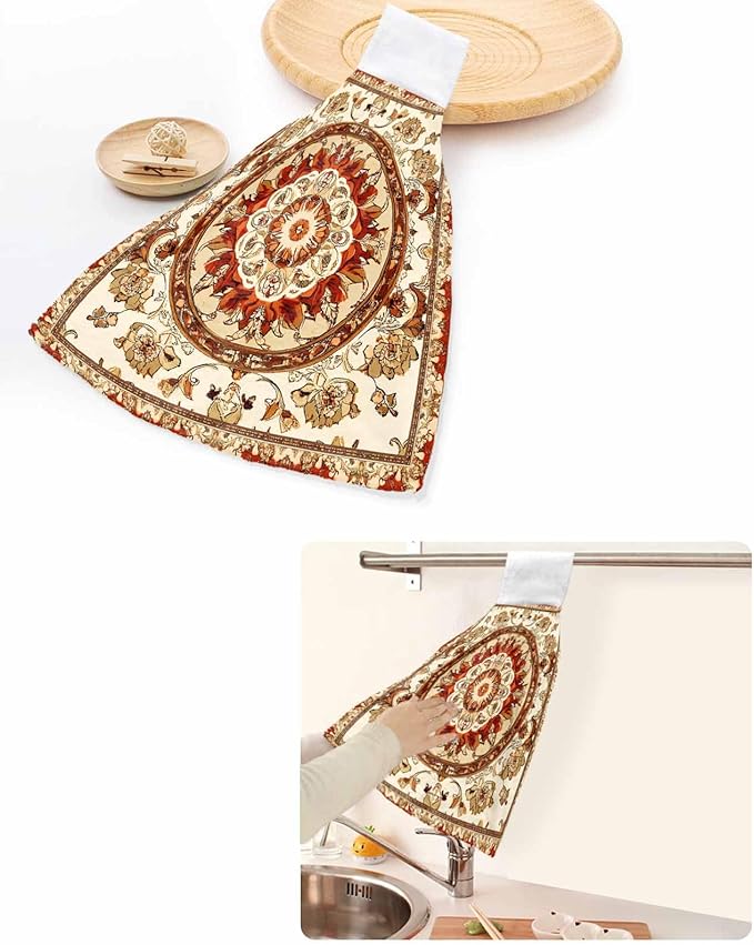 Alandar Home Kitchen Tie Towel Set of 2, Abstract Flower Bohemian Pattern Absorbent Soft Hand Towels for Bathroom Hanging Towels, Blossom Floral Retro Geometric Fast Drying Cleaning Cloth with Loop