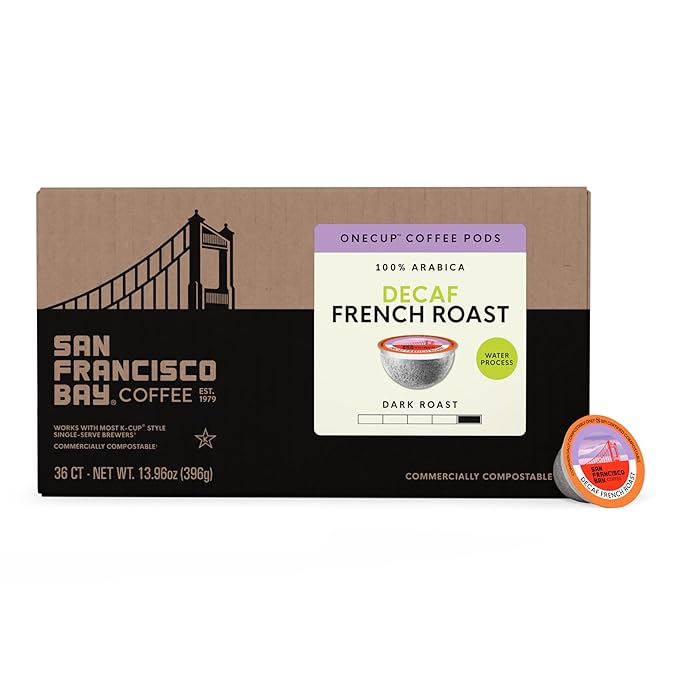 San Francisco Bay Decaf K-Cup Coffee Pods, Decaf French Roast (36 ct), Dark Roast, Commercially Compostable Single-Serve Coffee Pods, Swiss Water Process
