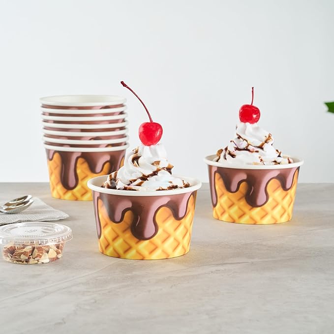 Restaurantware Ice Cream Cups 50 Pack of 8 oz Leak-Resistant Disposable Dessert Bowl Frozen Yogurt Cup Round Paper Container For Cold And Hot Desserts