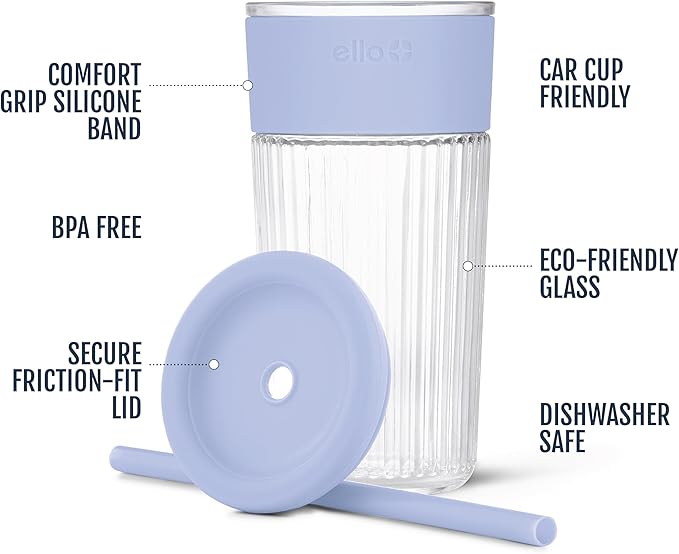 Ello Ava 18oz Glass Tumbler with Straw and Lid | Premium Ribbed Glass with Silicone Grip, Car Cup Friendly, Dishwasher Safe, BPA Free | Iced Coffee, Water, Matcha, Juice Cup | Blueberry