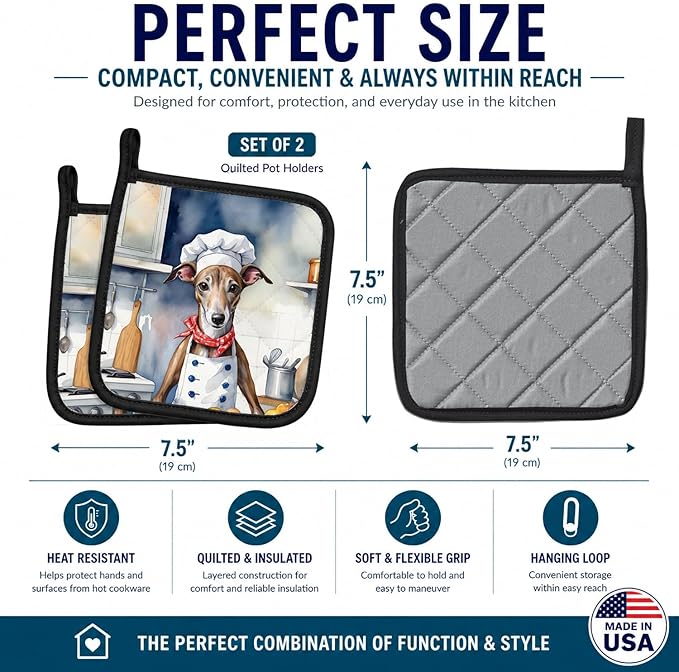 Caroline's Treasures Greyhound The Chef Pair of Pot Holders Kitchen Heat Resistant Pot Holders Sets Oven Hot Pads for Cooking Baking BBQ, 7 1/2 x 7 1/2