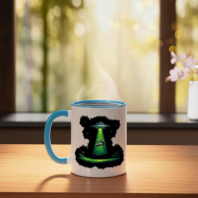 Retro Pixel Art UFO Abducting Golf Cart Funny Alien Golfing Ceramic Mug, Blue/White